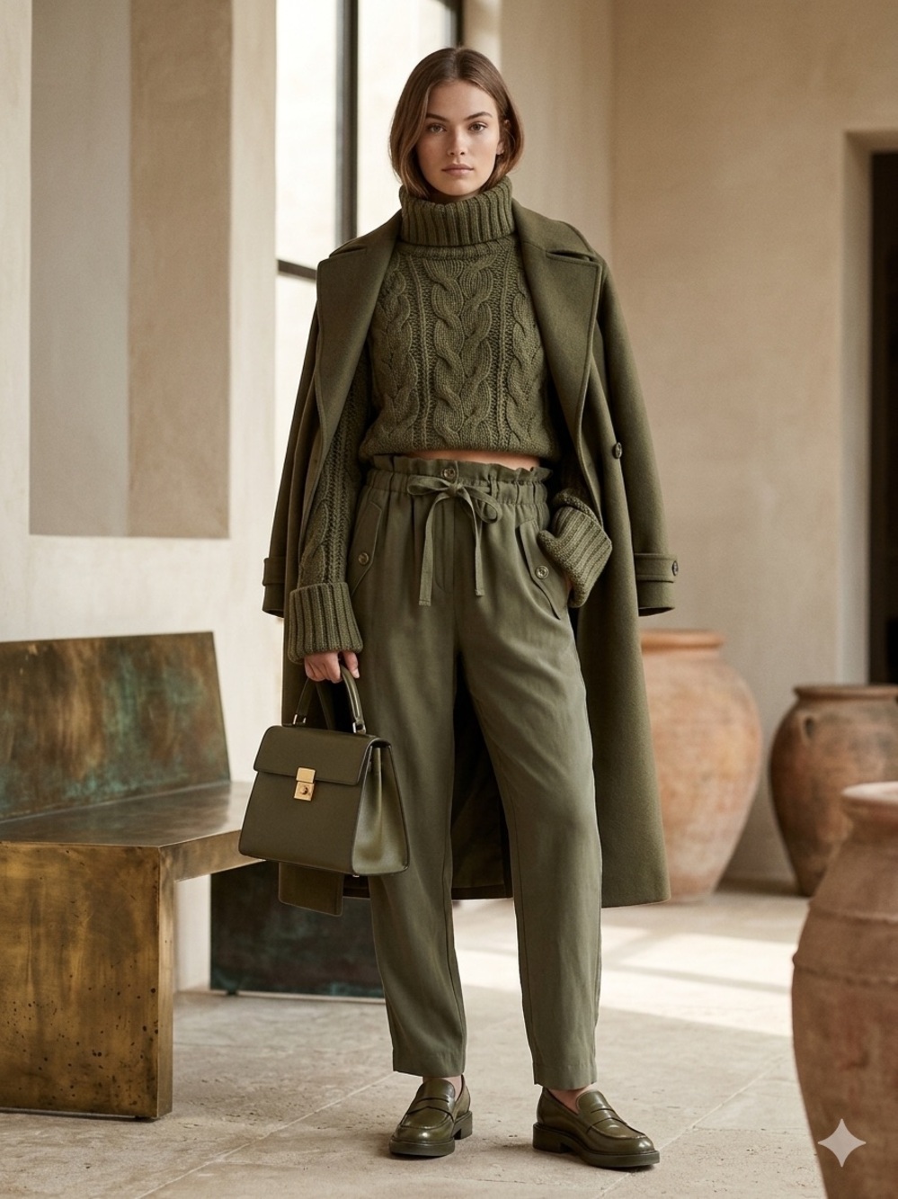 H&M Olive High-Waisted Paperbag Utility Trousers Size 4 EUC